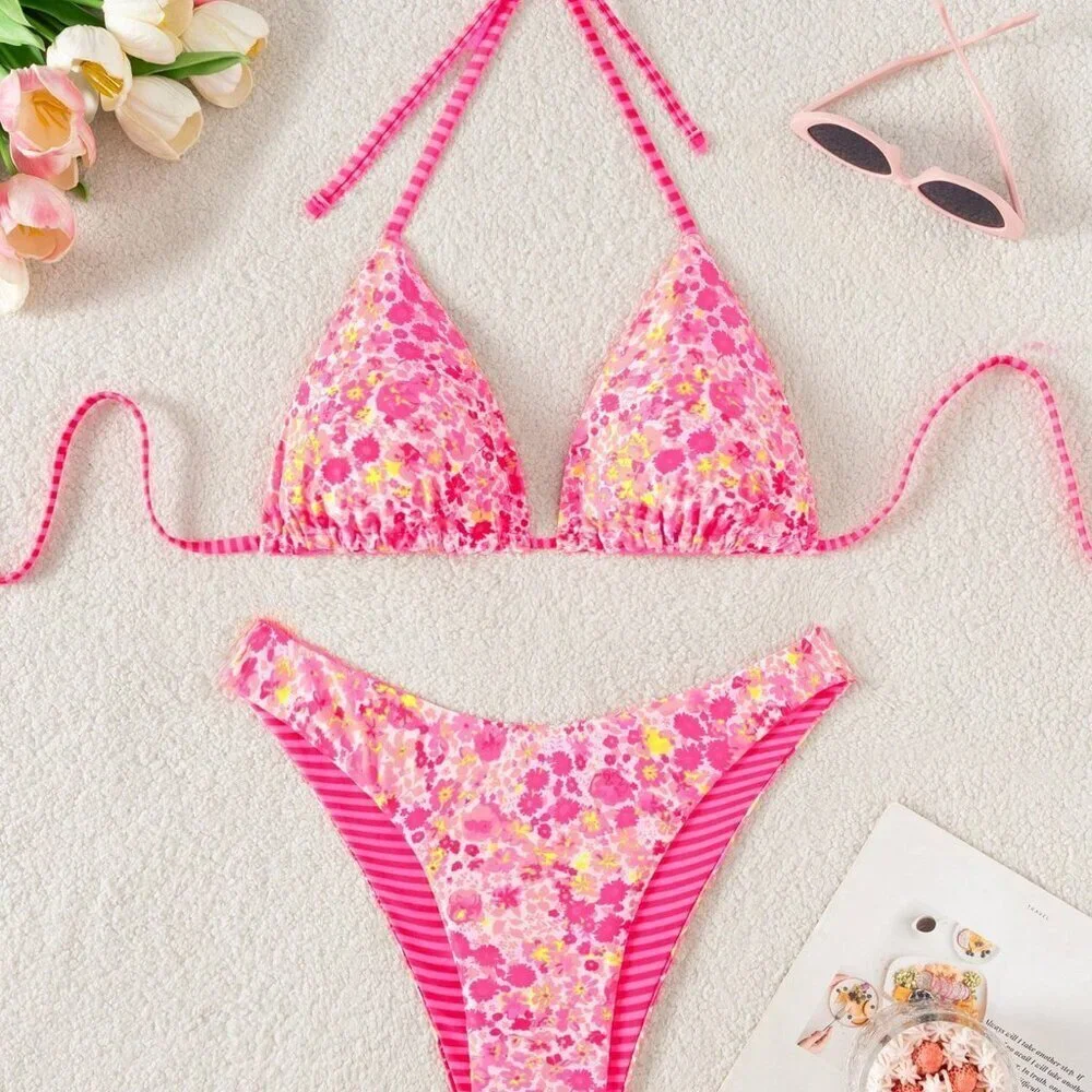Pink Sexy Women's Reversible Print Bikini Set